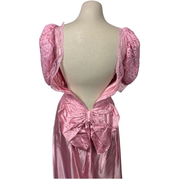 Vintage 80s Pink Lace Puff Sleeve Satin Dress Bow Back Formal Petite Small Prom - Picture 11 of 11